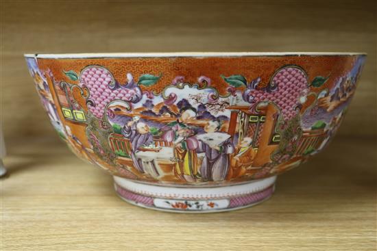 A Chinese famille rose mandarin pattern punch bowl, Qianlong period, diameter 32.5cm, chipped and cracked